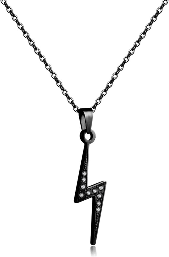 Stainless Steel Lightning Pendant with CZ Stones Necklace for Men and Women, Black