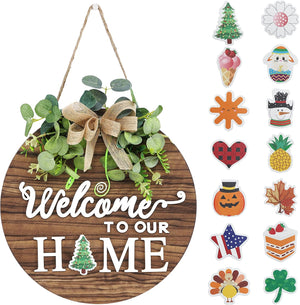 Interchangeable Seasonal Welcome Sign Front Door Decoration, Rustic Round Wood Wreaths Wall Hanging Outdoor, 12 inches