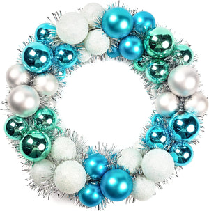 Christmas Ball Wreath, 13 Inch Glitter Ball Garland Shatterproof Ball Ornaments Blue Silver Tinsel for Front Door Hanging Decoration