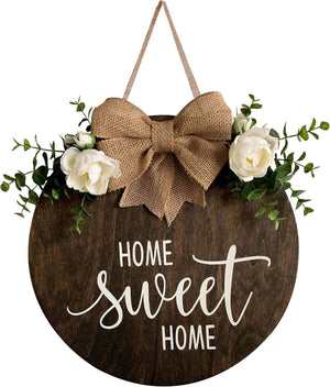 Home Sweet Home Wreaths Decor Sign Front Door, Round Wood Hanging Sign with Ribbon Bow and Artificial Green Leaves