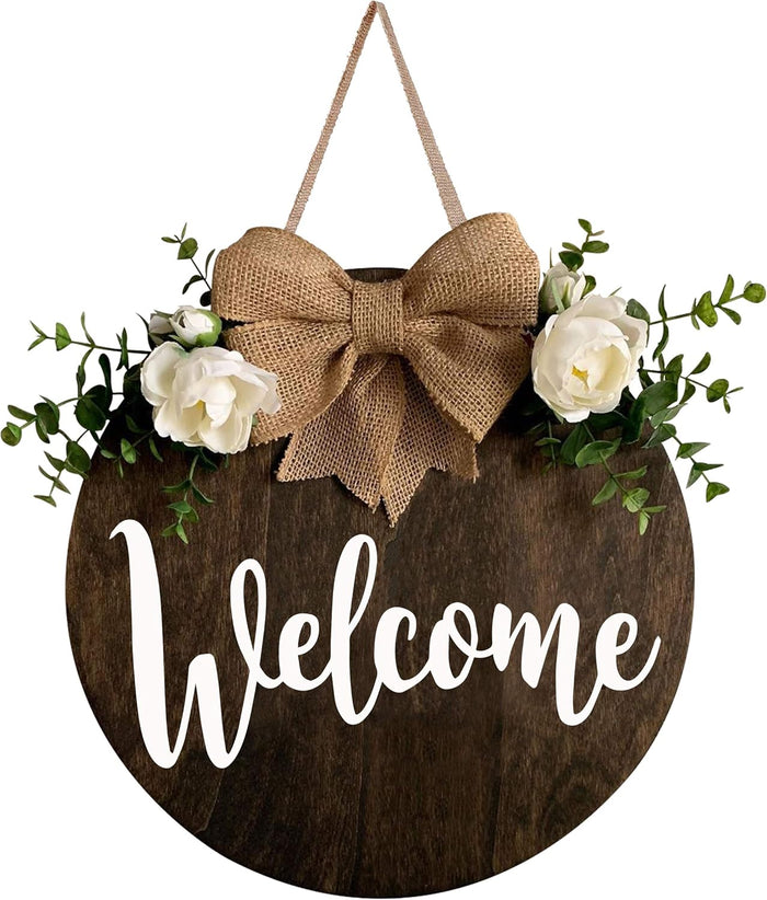 Welcome Wreaths Decor Sign Front Door, Round Wood Hanging Sign with Ribbon Bow and Artificial Green Leaves