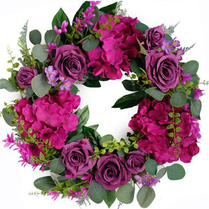 Artificial Purple Rose Wreath 20 inches Front Door Wreath with Hydrangea Green Leaves Wreath Artificial Spring Wreath