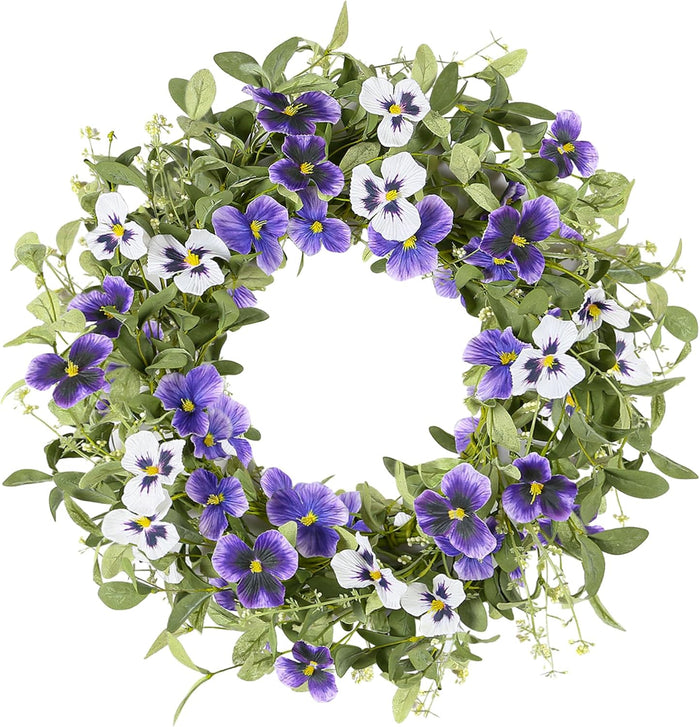 18" Spring Wreaths for Front Door Summer Wreath with Purple Pansy Flowers Green Eucalyptus Leaves