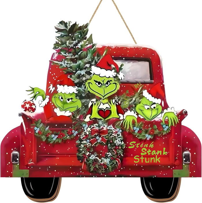 Christmas Door Hanging Sign Decorations, Wooden Christmas Wall Hanging Decor, Truck Wreath Pattern Front Door Signs
