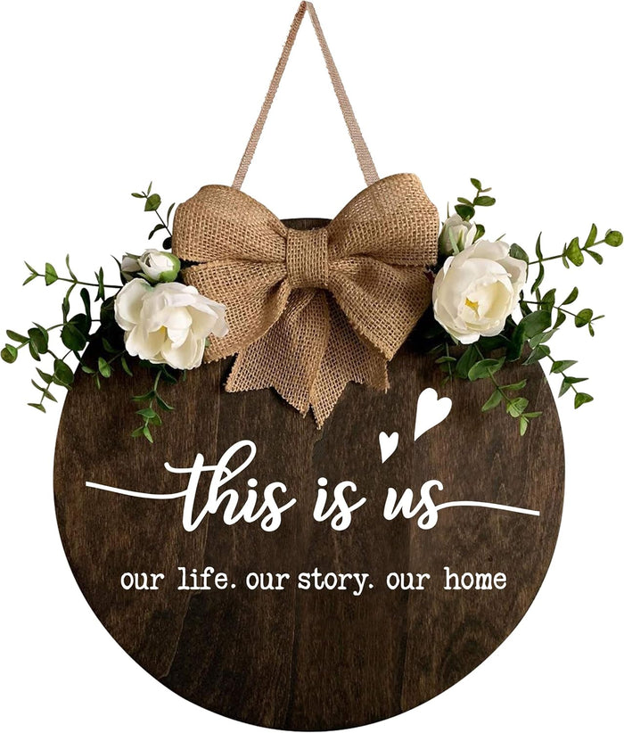 This is Us Wreaths Decor Sign Front Door, Round Wood Hanging Sign with Ribbon Bow and Artificial Green Leaves