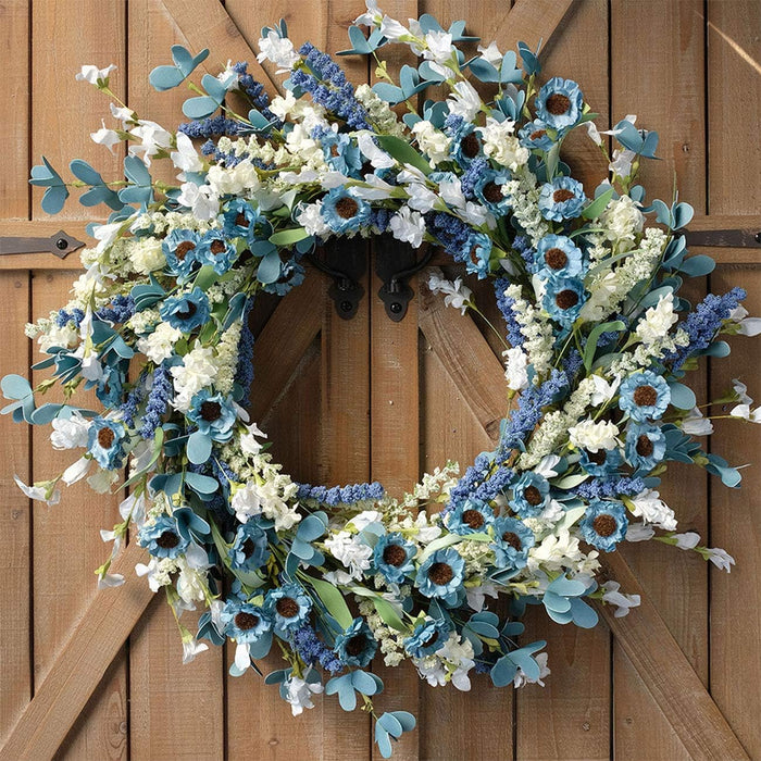 20 Inch Spring Wreath Blue with Green Leaves Daisy Artificial Grains White Flower for Front Door Wreath