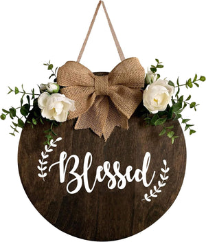 Blessed Wreaths Decor Sign Front Door, Round Wood Hanging Sign with Ribbon Bow and Artificial Green Leaves