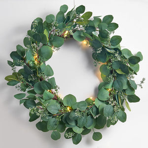 Eucalyptus Wreath for Front Door, 24 Inch Door Wreath with Lights, 80 LED Lights, Battery Operated