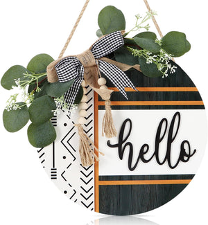 Boho 3D Hello Front Door Wreath Sign(11.42"x11.42"), Farmhouse Front Door Porch Decor with Eucalyptus Leaves