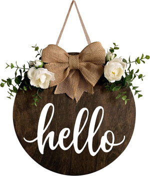 Hello Wreaths Decor Sign Front Door, Round Wood Hanging Sign with Ribbon Bow and Artificial Green Leaves