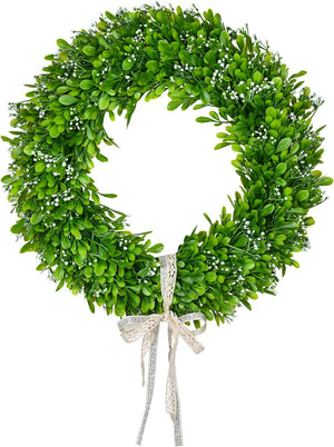 Artificial Boxwood Wreath Decoration - 15" Spring Wreath with White Seeds and Silk Ribbon for Front Door