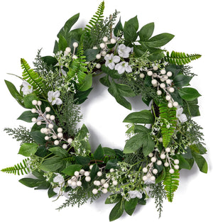 20 inch Spring Wreaths for Front Door with White Berries,Handmade Green Leaves Wreath for All Seasons