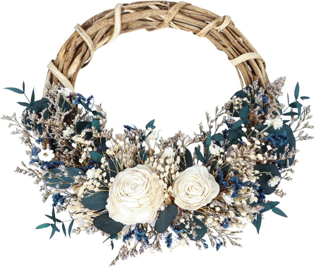 20Inch Blue Dried Flowers Natural Wreath, Door Wreaths for Front Door Outside All Season Farmhouse