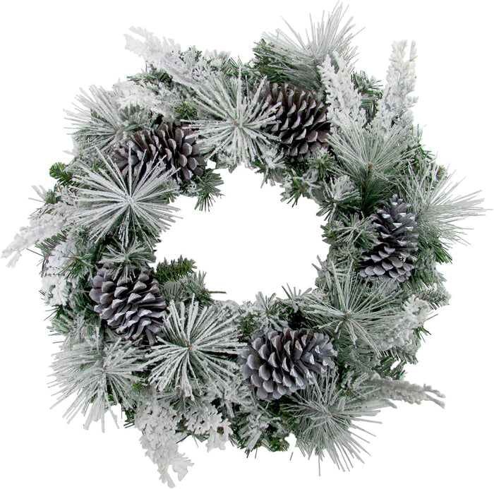 24" Christmas Snow Flocked Wreath Door Hanging with Oversized Pinecones, Festive Christmas Holiday Decorations