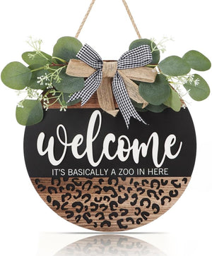 3D Welcome Door Sign Wreath Wall Decor, It's Basically A Zoo in Here Round Wood Hanging Sign (11.4”x11.4”)