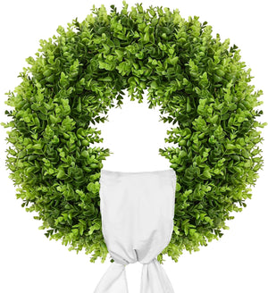 Artificial Boxwood Wreath Front Door Wreaths Artificial Spring Summer Greenery Hanging with A Plaid Bowand Sash