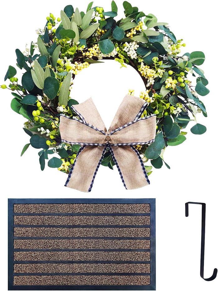 Eucalyptus Door Wreath - with Hanger and Durable Door Mat - 24’’ Spring Summer Fall Winter Artificial Wreath Eucalyptus Leaf