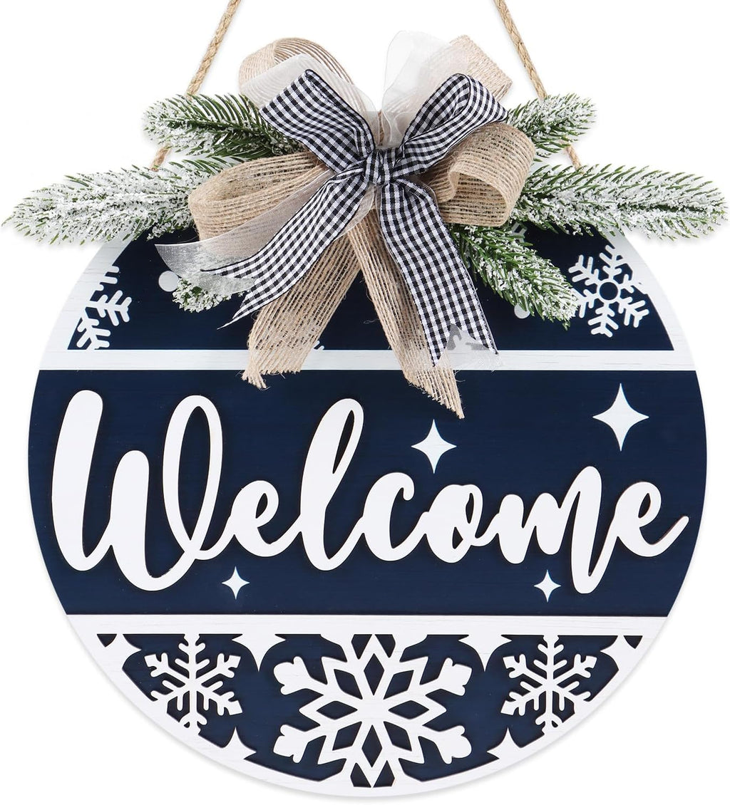 Blue Welcome Winter Front Door Sign Wreath(11.4”), Wooden 3D Welcome Home Decoration Wall Hanging with Plaid Bow Snowflake