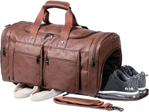 Leather Travel Bag with Shoe Pouch,Weekender Overnight Bag Waterproof