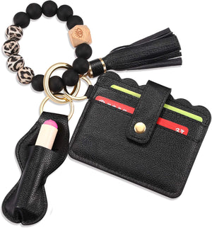 Wristlet Keychain Bracelet Wallet, Silicone Bead keyring Bangle for Women, Black