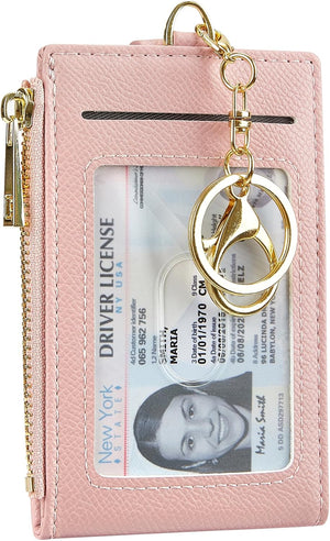 Women & Men Leather RFID Blocking Card Holder Slim Small Zipper Keychain Front Pocket Wallet with 2 ID Window, Pink