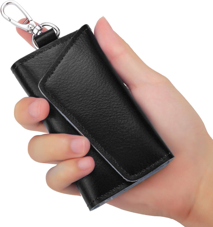 Compact Leather Car Key Case, Key Holder Key Organizer Wallet, With 6 Hooks(Black)