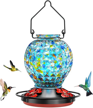 Glass Hummingbird Feeder for Outdoors, Vibrant Colors Attract Hummingbirds, 18 Ounces, Diamond Ball Shape Bottle