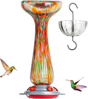 Hand Blown Glass Large 27 fl.oz, Never Fade, 5 Feeding Ports Includes an Ant Moat, Metal Hook