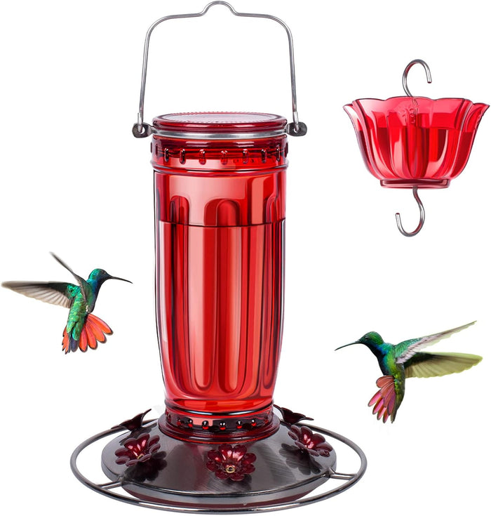 Glass Hummingbird Feeder for Outdoors Wild Bird Feeder with 6 Feeding Ports Hanging for Garden Yard, Red (Ant Moat Included)