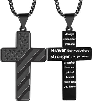 Cross Necklace for Men, Premium American Flag Stainless Steel with 24-Inch Lord's Prayer Pendant