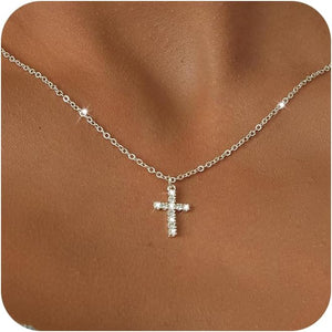 Cross Necklace for Women-Dainty Simple 14k Gold Plated Cross Pendant Cute Diamond