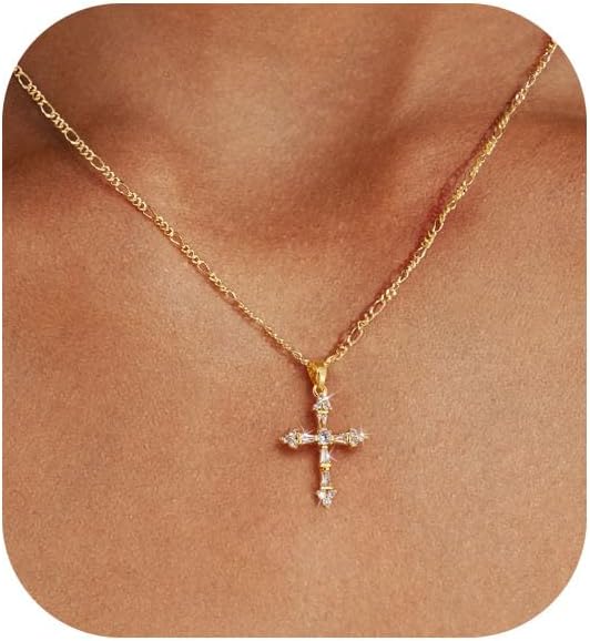 14K Gold Plated Cross Pendant Necklace Dainty Gold Cross Necklaces for Women Trendy Small Cross Charm Necklace