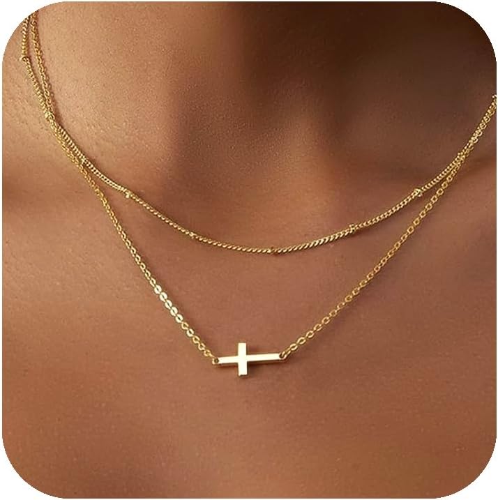 14K Gold Plated Layered Dainty Small Pendant Choker Cross Necklace, Trendy Simple Cute Charm Chain