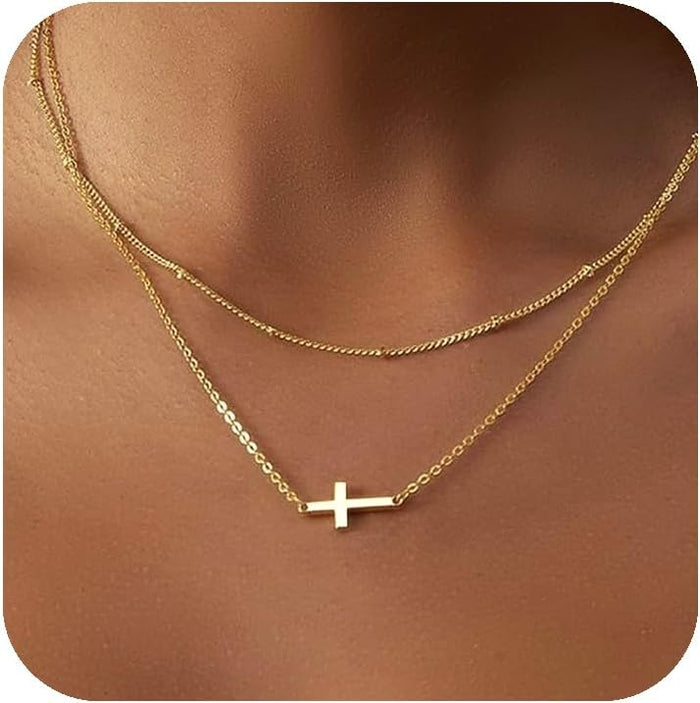 14K Gold Plated Layered Dainty Small Pendant Choker Cross Necklace, Trendy Simple Cute Charm Chain