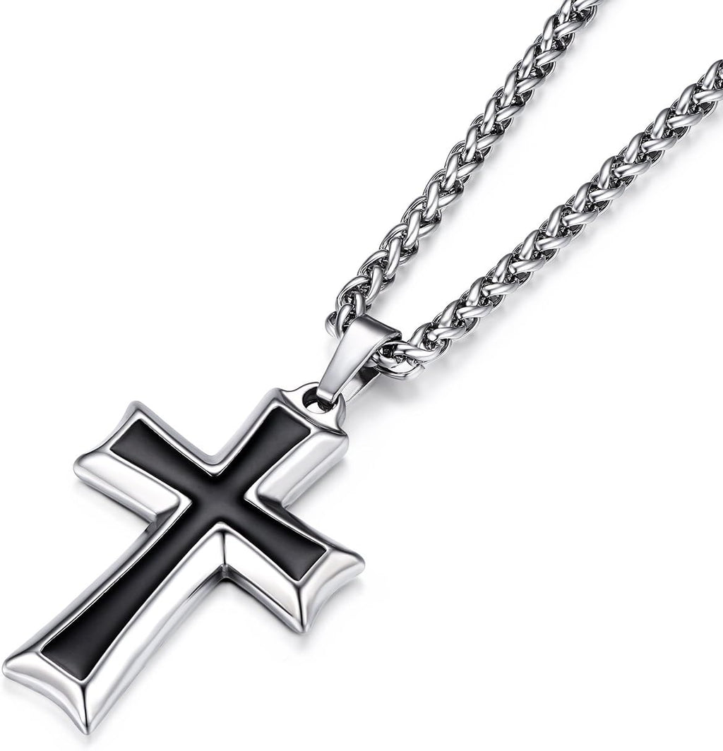 Mens Stainless Steel Cross Pendant Necklace with Wheat Chain