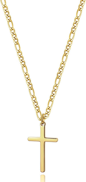 14K Gold Filled Cross Necklace for Men Figaro Chain Stainless Steel Plain Polished Cross Pendant