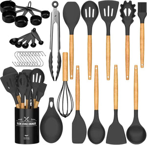 33 pcs Non-Stick Utensils Spatula Set with Holder, Black Wooden Handle Silicone Kitchen Gadgets