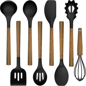 Silicone Cooking Utensil Set, Chef 8-Piece Kitchen Set with Natural Acacia Wooden Handles,Food-Grade Silicone Heads