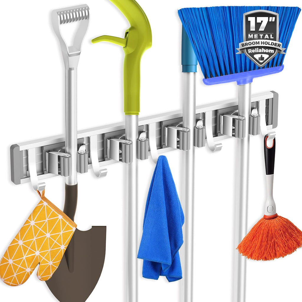 Broom Holder Mop Hanger Wall Mount Metal Organization Garage Storage System (4 Racks with 5 Hooks, Silver)