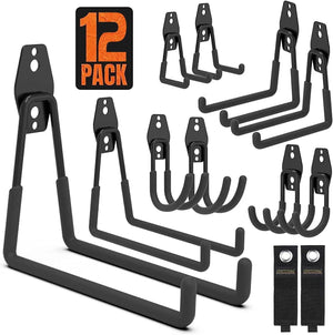 Garage Hooks, 12 Pack Wall Mount Storage Holders with 2 Extension Cord Storage Straps, Heavy Duty for Utility Organizer