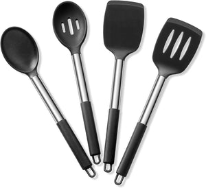 Cooking Utensils Set of 4, Silicone Kitchen Utensils for Non-stick Cookware, Heat Resistant & Non-toxic Slotted Spatula Solid Spoon Turner for Flipping Mixing Serving Basting(Black)