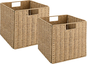 Wicker Storage Basket, Set of 2 Hand-Woven Wicker Basket, 11 inch Storage Baskets for Organizing and Decor, Foldable Cube Storage Organizer Bins Baskets for Shelves, Woven Basket, Natural