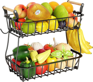 2 Tier Fruit Basket with 2 Banana Hangers, Countertop Fruit Vegetable Basket Bowl for Kitchen Counter Metal Wire Storage Basket Fruits Stand Holder Organizer for Bread Snack Veggies Produce