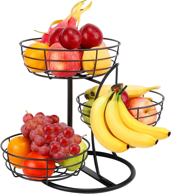 Fruit Basket Bowl with Banana Hanger, Fruit Vegetable Storage Basket with Banana Tree Holder for Kitchen Counter, Detachable Organizer for Bread Snack Produce (Black, 3-Tier Metal Base)