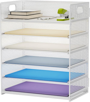 6 Tier Paper Organizer Letter Tray - Mesh Desk File Organizer with Handle, Paper Sorter Organizer for Letter/A4 Office File Folder Holder - White