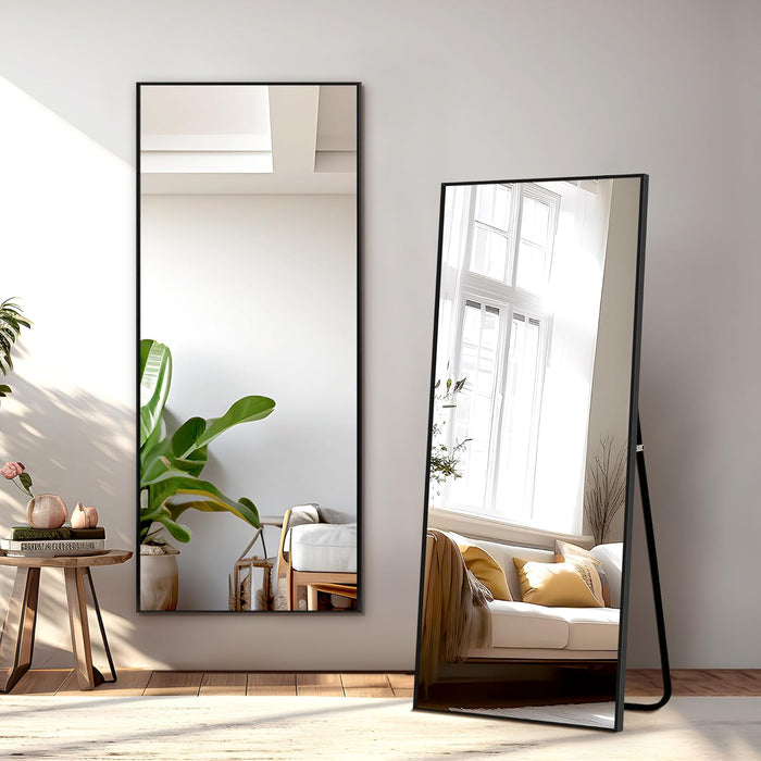 Full Length Mirror with Stand, 56"x19" Aluminum Alloy Frame Floor Mirror, Black, Shatter-Proof Glass - Free Standing, Leaning Against Wall or Wall-Mounted, for Bedroom Living Room Dressing Room