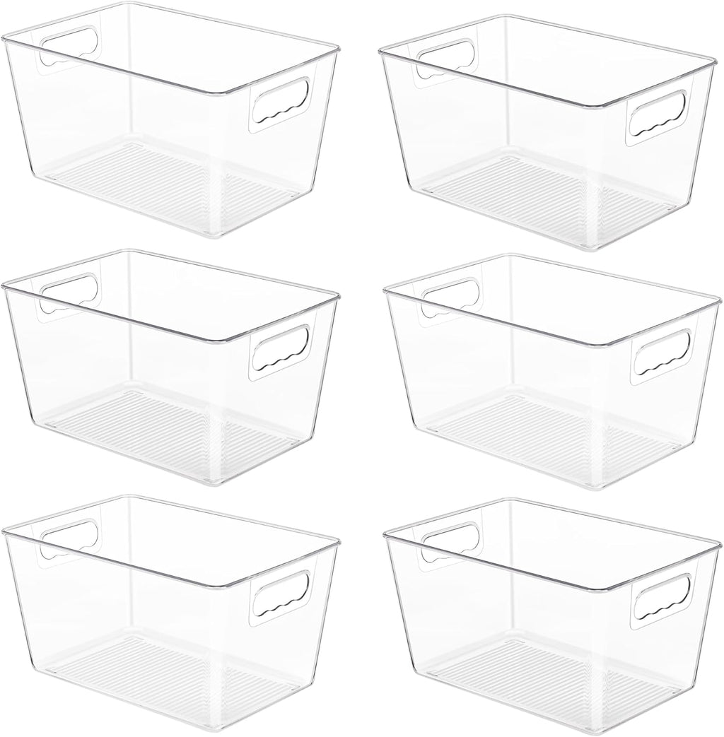 6 Pack Clear Pantry Organizer Bins, Plastic Containers with Handle for Kitchen,Freezer,Cabinet,Closet,Bathroom Under Sink Storage