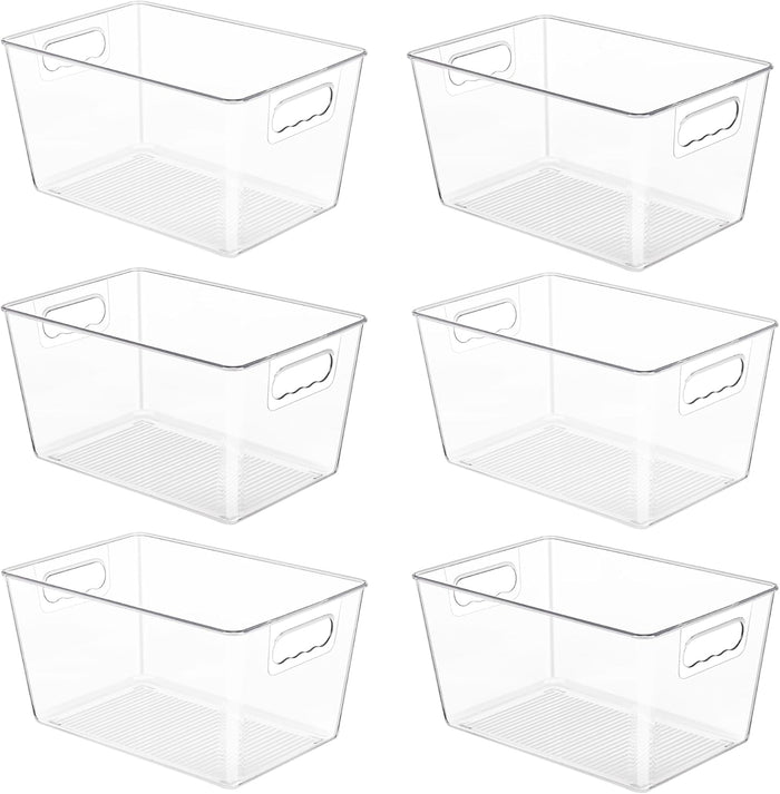 6 Pack Clear Pantry Organizer Bins, Plastic Containers with Handle for Kitchen,Freezer,Cabinet,Closet,Bathroom Under Sink Storage