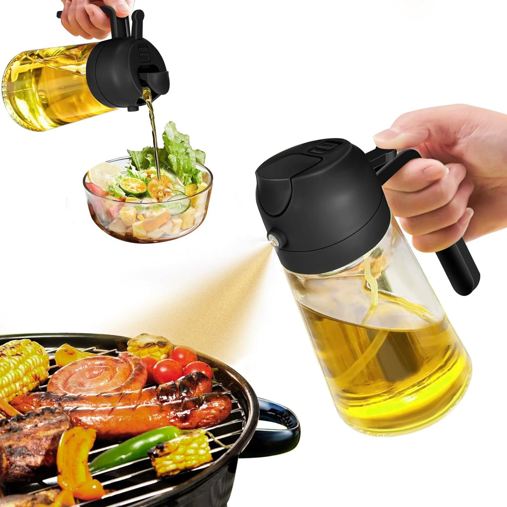 Oil Sprayer for Cooking, 2 in 1 Olive Oil Dispenser Bottle for Kitchen, 16oz/470ml Premium Glass Oil Bottle, Food-grade Oil Mister for Air Fryer, Salad, Frying, BBQ (Black)