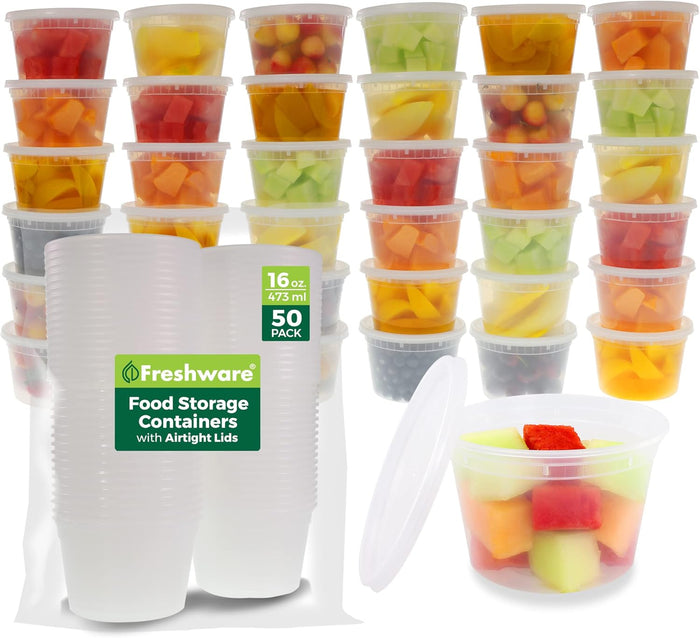 Freshware Food Storage Containers [50 Set] 16 oz Plastic Deli Containers with Lids, Slime, Soup, Meal Prep Containers | BPA Free | Stackable | Leakproof